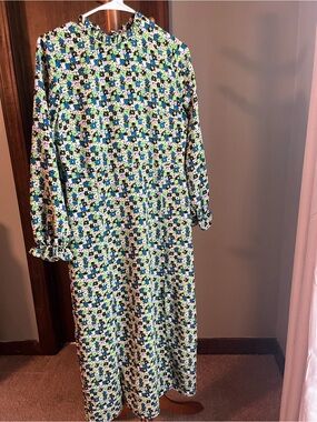 Topshop Green Blue Floral Long Sleeve Women Dress - Size 6